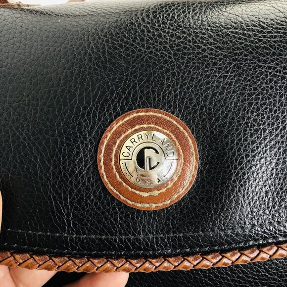 Vtg Carryland USA Leather Purse Black Brown Shoulder Crossbody Bag Woven Handle - Picture 3 of 13